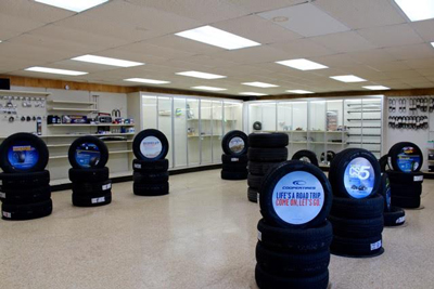 tires stacked in showroom